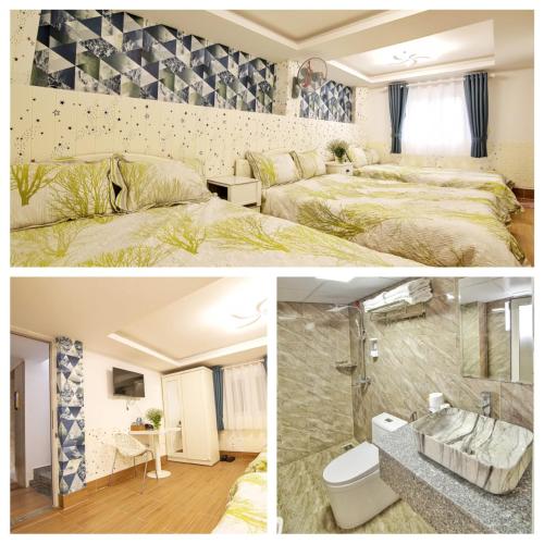 two pictures of a bedroom with two beds and a bathroom at Sunshine - Tia Nắng Mới in Da Lat