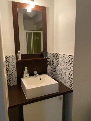 une salle de bain avec un lavabo blanc et un miroir dans l'établissement Joli studio avec terrasse près du vieux-port, à La Rochelle