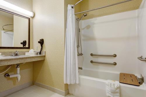 a bathroom with a shower and a sink at Holiday Inn Poplar Bluff by IHG in Poplar Bluff