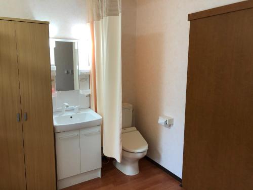 a bathroom with a toilet and a sink and a mirror at Alpine Guesthouse in Furano