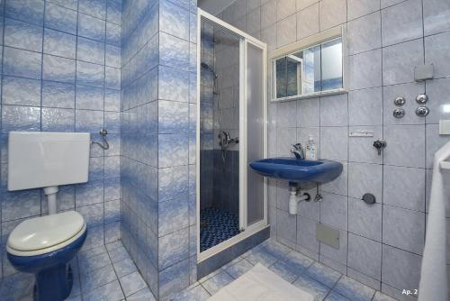une salle de bain avec toilettes, lavabo et douche dans l'établissement Apartments Bella Sky II, à Novalja