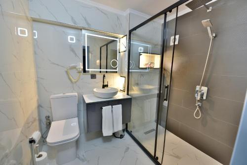 y baño con aseo, lavabo y ducha. en Oban Suites Istanbul, en Estambul
