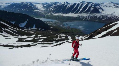 a person on skis in the snow on a mountain at Hlíðarvegur 20 - Gagginn in Siglufjörður