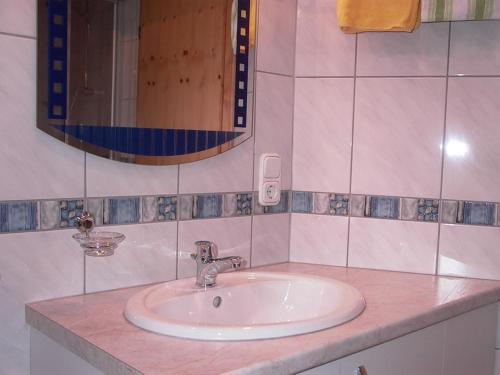 een badkamer met een wastafel en een spiegel bij Ferienwohnungen Meindl in Lam
