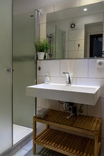 a bathroom with a white sink and a shower at Hahnenklee Ferienpark 409 & 211 in Goslar
