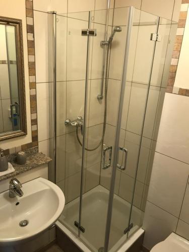 a bathroom with a shower and a sink at Landhotel Lindenhof in Grevenbroich