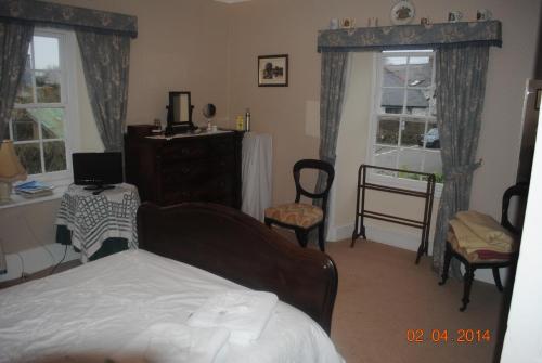 a bedroom with a bed and a dresser and two windows at Elmfield in Northlew