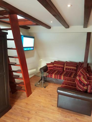 a living room with a leather couch and a tv at Über den Dächern von Ahlbeck in Ahlbeck