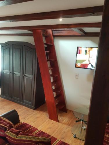 a loft bed in a living room with a tv at Über den Dächern von Ahlbeck in Ahlbeck