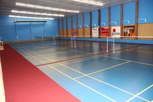 a gymnasium with a blue and red basketball court at Penzion U Splavu in Břeclav