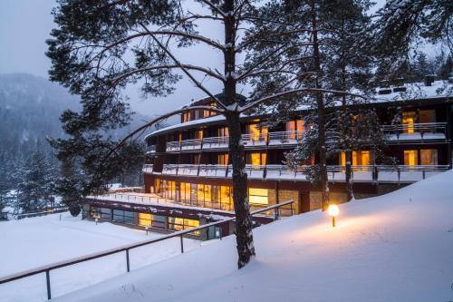 a building in the snow with a tree in the foreground at Hotel SPA Dr Irena Eris Krynica Zdrój in Krynica Zdrój