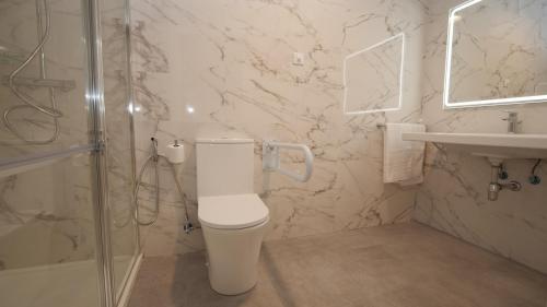 a bathroom with a toilet and a shower and a sink at Hotel Ciudadela Pamplona in Pamplona