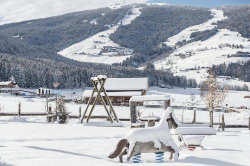 a statue of a horse in the snow at Aparthotel Familiaris - Family Apartments - Pools & Spa in Dolomites in Valdaora