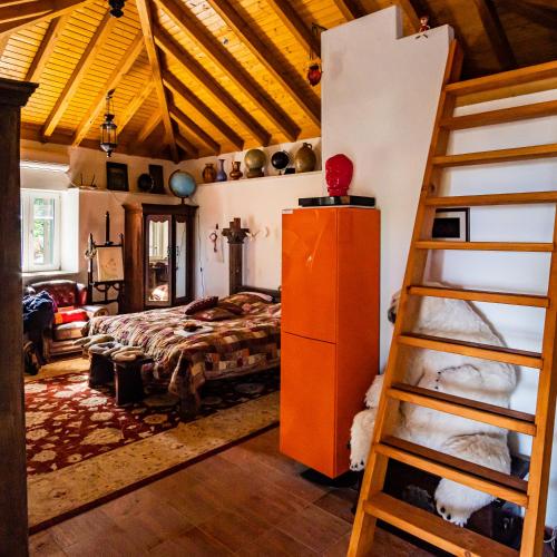a bedroom with a bed and a ladder in a room at Ursa Minor in Sumartin