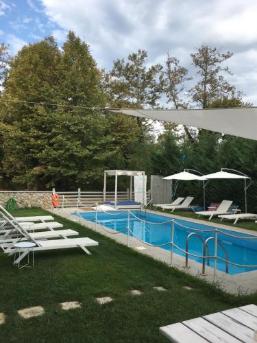 una piscina con sillas y sombrillas en un patio en Aristotelia Gi Ikies - Olympiada Poolside Retreats, en Olympiada