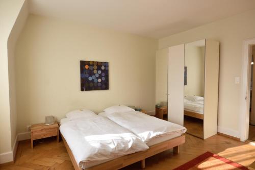 ein Schlafzimmer mit einem großen Bett und einem Spiegel in der Unterkunft PABS Résidences - Staubstrasse 3 (3L) in Zürich