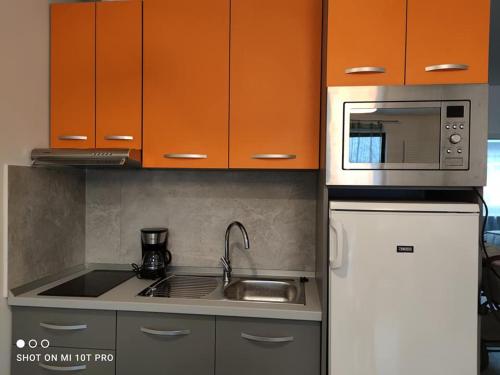 a kitchen with a sink and a microwave and a refrigerator at Anastasia apartments in Buşteni