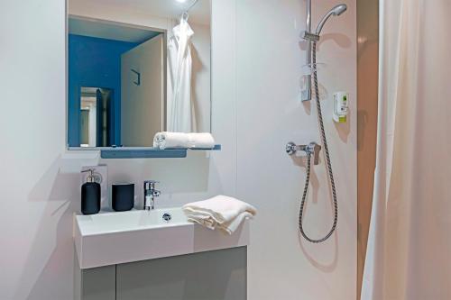 uma casa de banho com um lavatório e um chuveiro com um espelho. em Student Factory Lille Euratechnologies em Lille