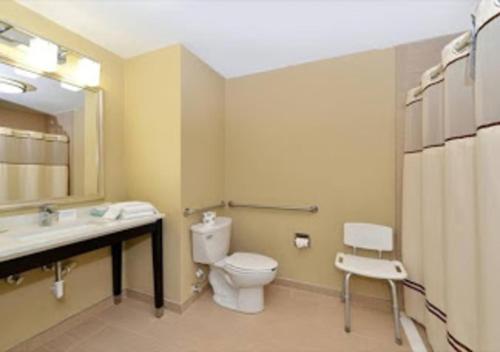 a bathroom with a toilet and a sink and a mirror at Quality Suites Nashville Airport in Nashville