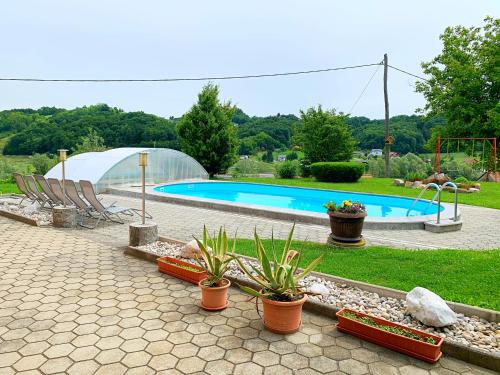 - une piscine avec des chaises et des plantes dans la cour dans l'établissement Apartmaji in sobe Kocjančič, à Podčetrtek