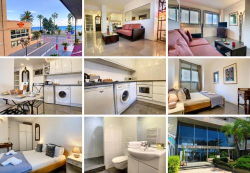 un collage de photos d'une cuisine et d'un salon dans l'établissement Nestor&Jeeves - SUITE ROYAL LUXEMBOURG - Central - Swimming pool on roof, à Nice