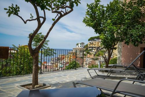 un árbol sentado en la parte superior de un patio con sillas en Cinque Terre Coast to Coast, en Riomaggiore