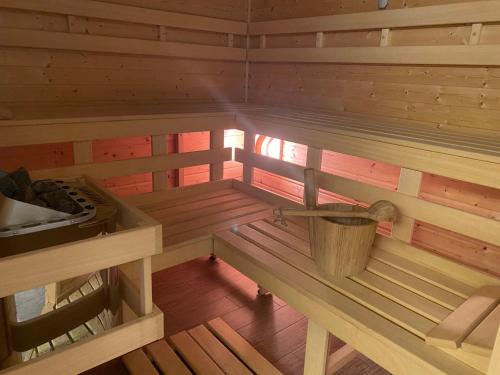 an inside view of a wooden sauna at Chalupa Jako doma in Nová Bystřice