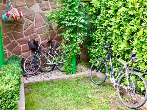 two bikes are parked next to a wall at Happy Boglár Apartman in Balatonboglár
