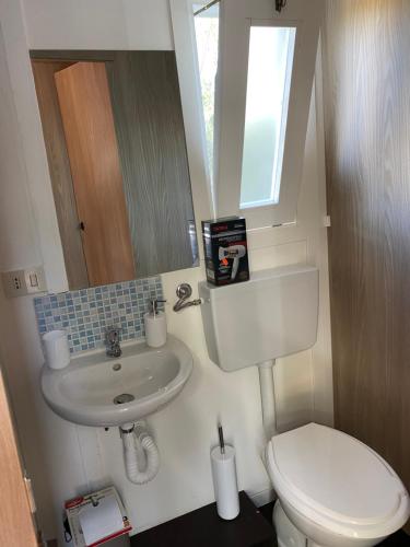 a small bathroom with a toilet and a sink at Camping roccella mare in Campofelice di Roccella