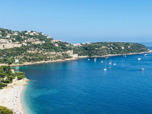 una vista aérea de una playa con barcos en el agua en Les Lilas en Roquebrune-Cap-Martin