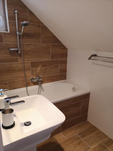 a bathroom with a sink and a bath tub at Aranyhal Vendégház in Sukoró