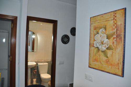 baño con una foto de una flor en la pared en Villachipi, en Chipiona