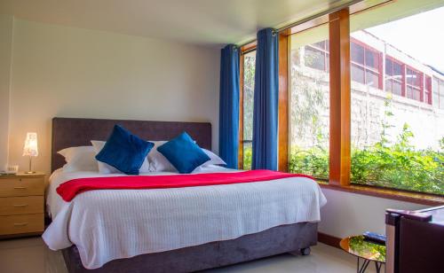 Un dormitorio con una cama con almohadas azules y una ventana en Refugio Ecológico Arequipa en Arequipa