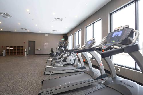 a row of cardio machines in a gym with windows at Sandman Signature Sherwood Park Hotel in Sherwood Park