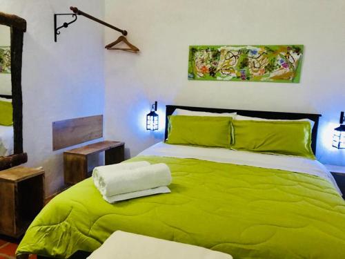 a bedroom with a green bed with a green blanket at Villa del Sol - Apartamentos Turísticos in Sáchica