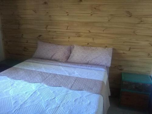 Cama en habitación con pared de madera en CABAÑA.Manzano histórico. Paz y montaña en Tunuyán