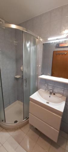 a bathroom with a shower and a sink and a shower at Apartment Sansimon in Izola