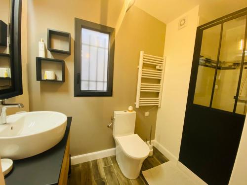 La salle de bains est pourvue de toilettes blanches et d'un lavabo. dans l'établissement Cosy Studio en Provence, à Carpentras