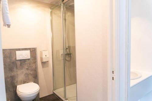 a bathroom with a toilet and a glass shower at Huis Ter Geul in Valkenburg