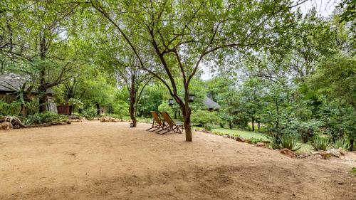 two benches sitting in a park under trees at Umlani Bushcamp in Timbavati Game Reserve