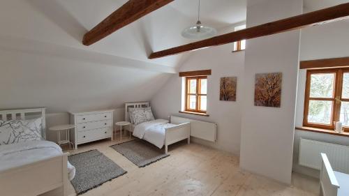 a bedroom with a bed and a desk and windows at Chalupa Zemulka in Daňkovice