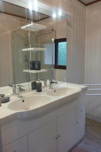 une salle de bain avec un lavabo blanc et un miroir dans l'établissement 3 Gites - Relais Du Saussay Pertheville Ners, à Pertheville-Ners