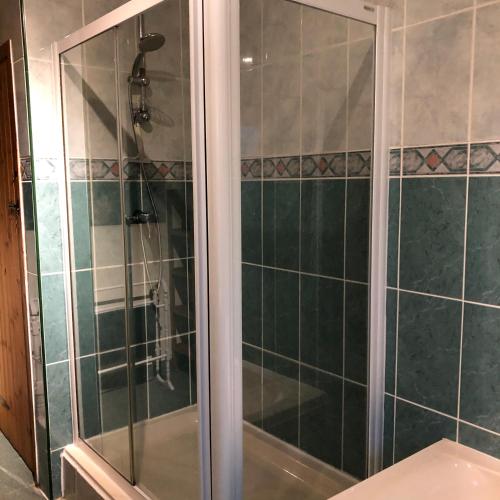 a shower in a bathroom with green tiles at The Miners Cottage in Whitecroft