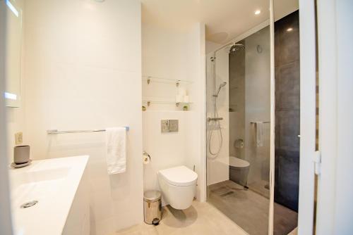La salle de bains est pourvue de toilettes, d'un lavabo et d'une douche. dans l'établissement High Standing with Incredible Old Antibes and Sea views, à Antibes