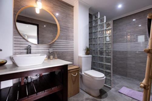 a bathroom with a sink and a toilet and a mirror at Peponi SelfCatering Apartments in Beau Vallon