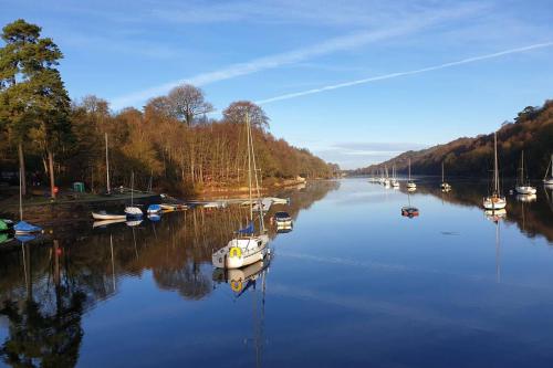 a group of boats are docked in a river at Luxurious lodge, Woodlands View, Hot tub at Rudyard Lake, couples or small family in Rudyard