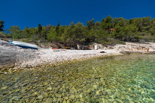 een strand met helder water en een rotsachtige kust bij Olive's Garden House in Vela Luka