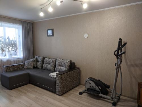 ein Wohnzimmer mit einem Sofa und einem Laufband in der Unterkunft Apartment with balcony on Peremohy Avenue 43 in Tschernihiw