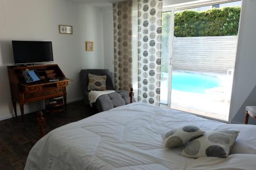 a bedroom with a bed and a tv and a window at Très bel appartement (40m²) avec piscine privative in Perpignan