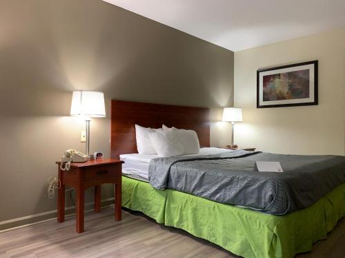 Habitación de hotel con cama y mesa con 2 lámparas en Econo Lodge Troy, en Troy